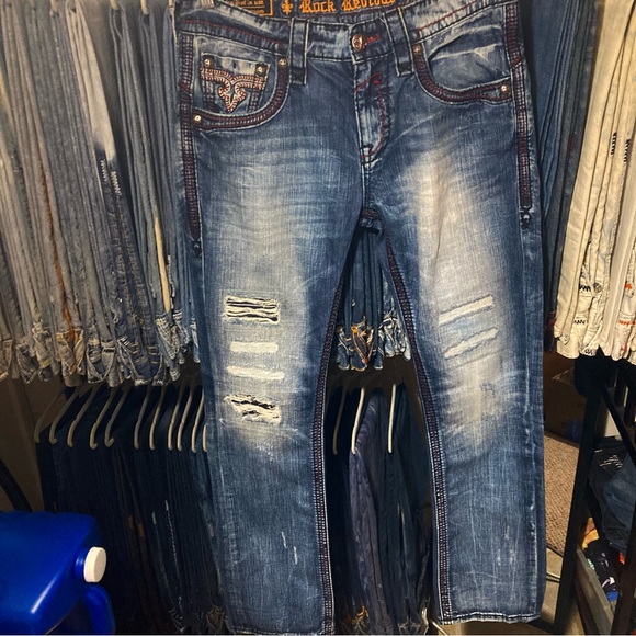 Rare! Rock Revival “FEENEY” Alt.Straight faux flap pockets w/ crystals 32x33 - Picture 5 of 8